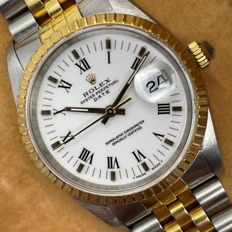 Rolex Oyster Perpetual Date Ref 15223 White Roman Dial Steel & Gold Like New